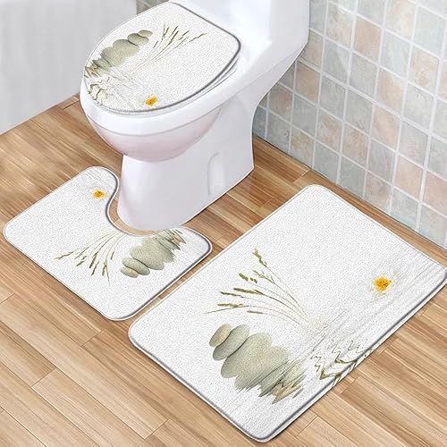 Juego de 3 tapetes de baño de piedra zen, blanco, amarillo, flores, plantas, agua, paisaje, jardín, spa, decoración del hogar, tapete de baño de
