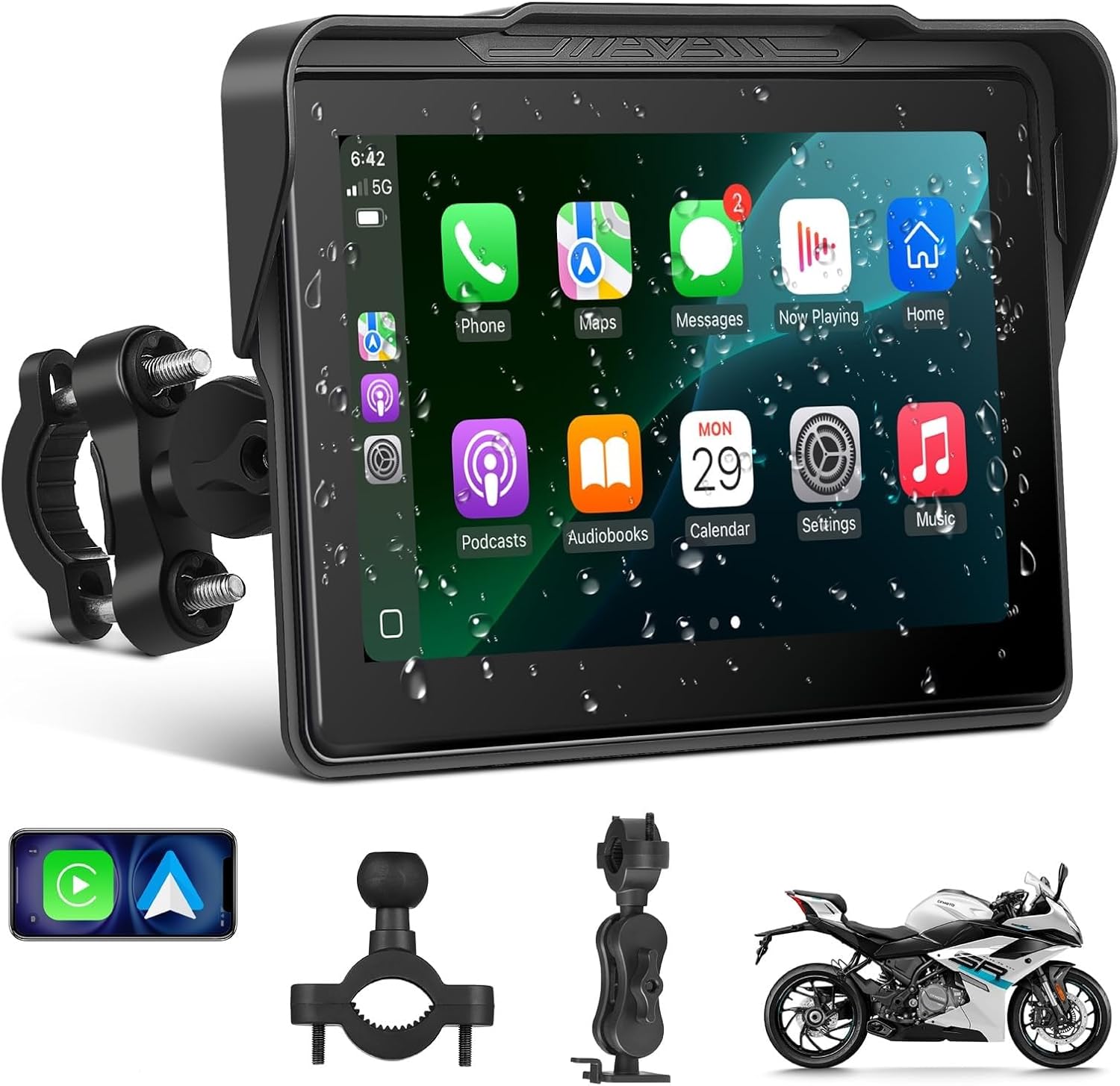 Motorcycle CarPlay Screen 7", Waterproof GPS Display for Motorbike, Wireless CarPlay & Android Auto para Moto, Dual Bluetooth, Touchscreen, Music Sharing Siri (7" Wireless CarPlay) ((Dual Mount))