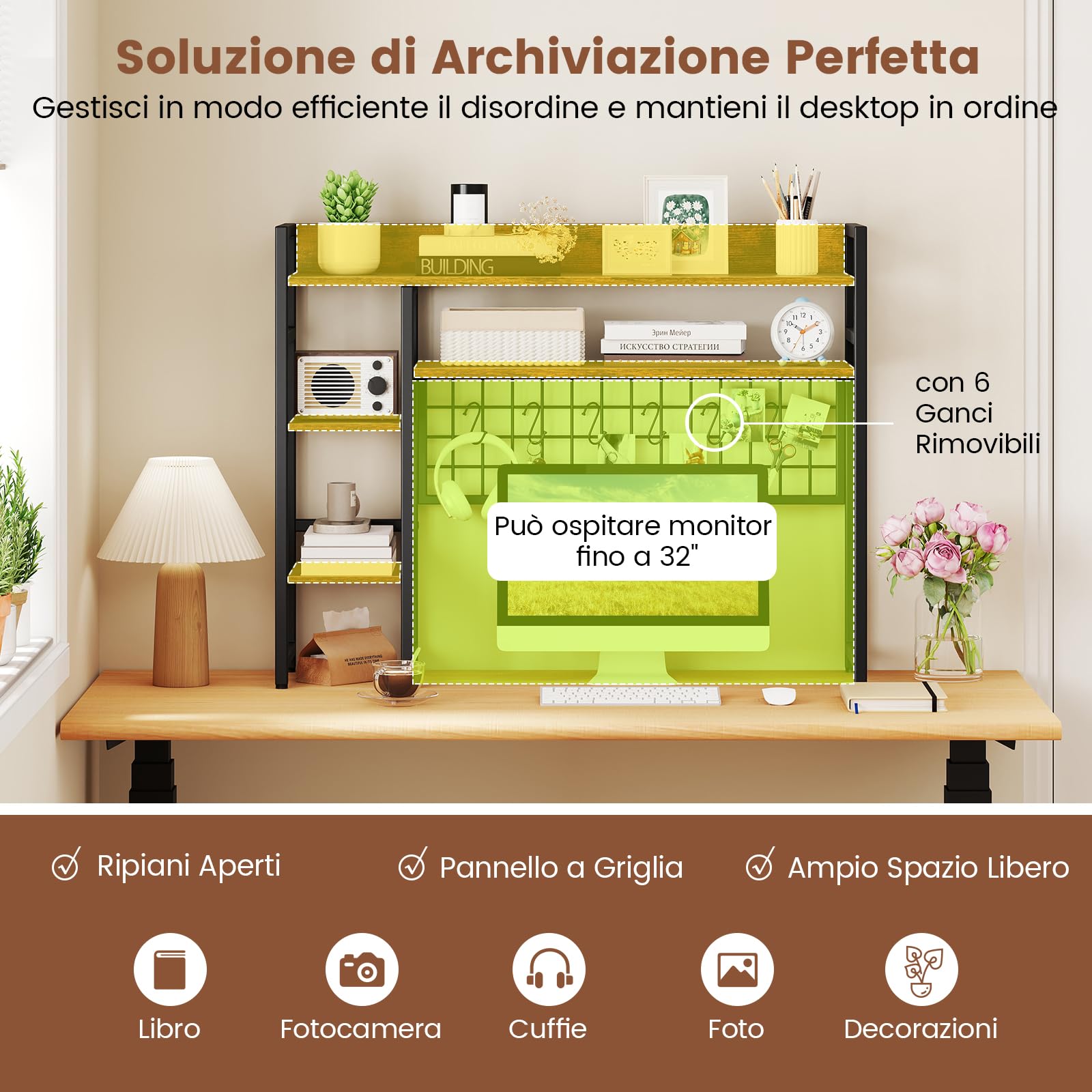 RELAX4LIFE Libreria da Scrivania a 4 Ripiani, Organizer per Oggetti con Pannello a Griglia Metallica, Mensola Scaffale Espositivo da Scrivania in Legno per Ufficio Casa Dormitorio (Industriale)