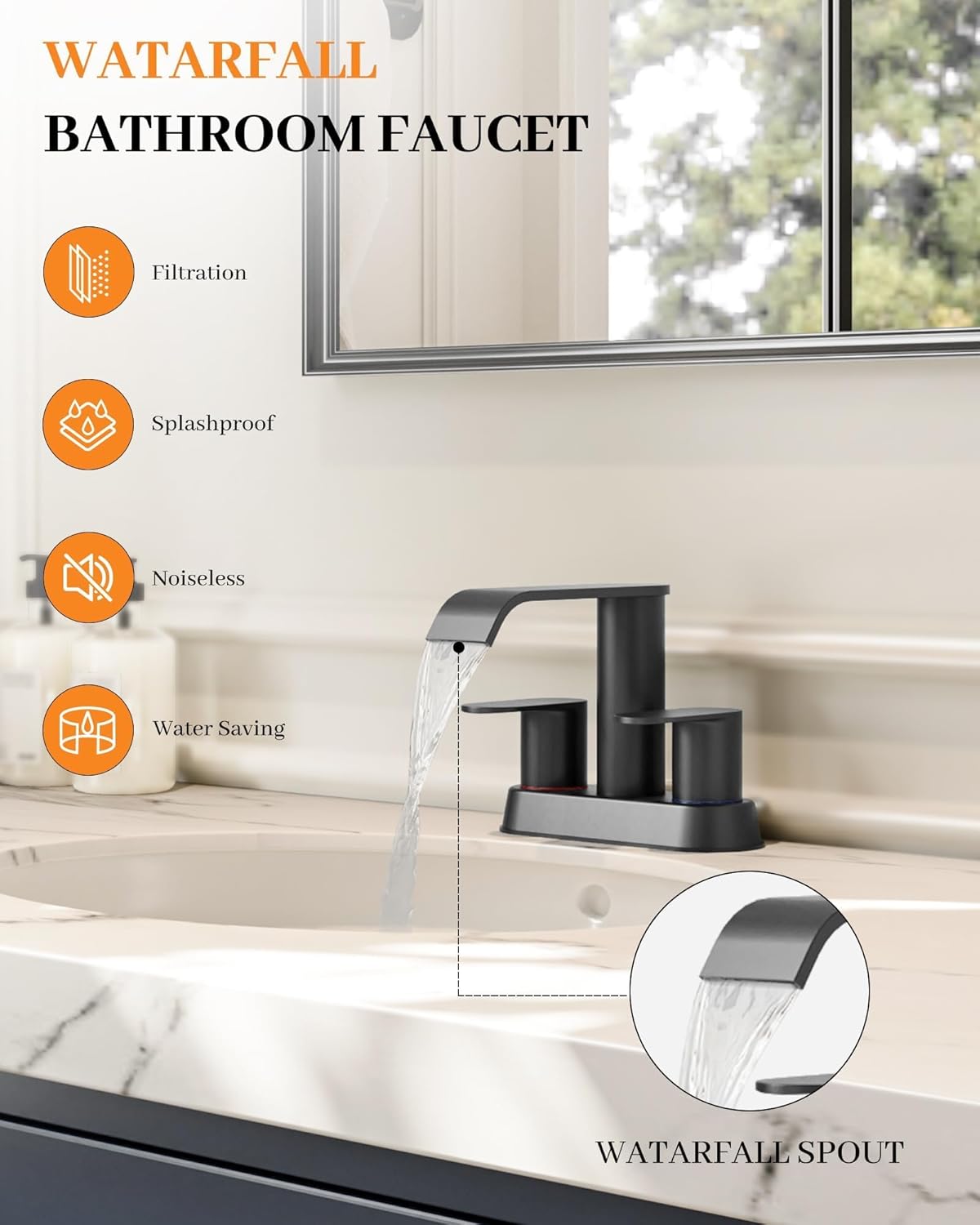 Homevacious Matte Black Bathroom Faucets Waterfall 4 Inch Centerset Bathroom Sink Faucet Stainless Steel with Pop up Sink Drain Stopper Supply Hose Basin Mixer Tap for Vanity RV 2 or 3 Hole Sink