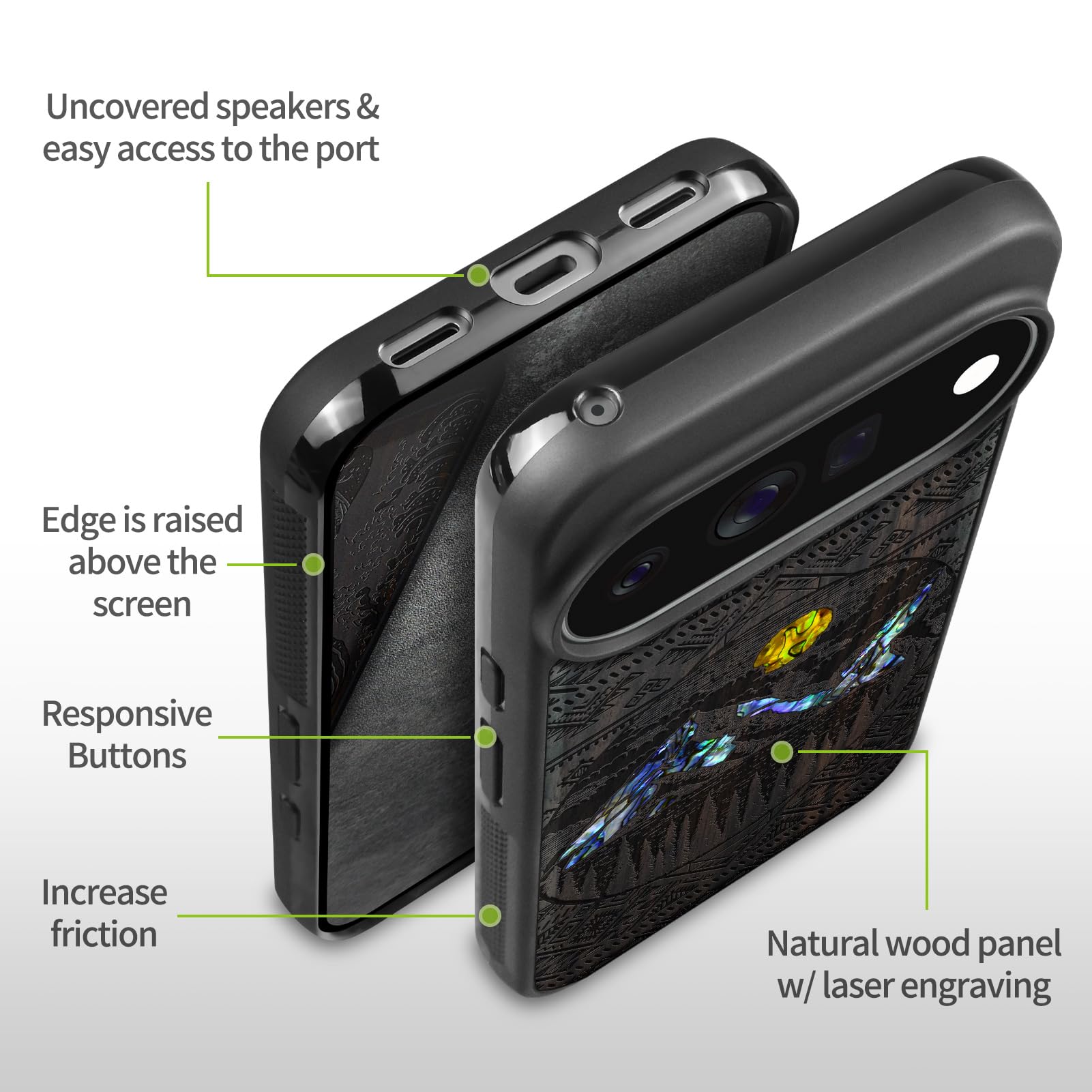 Carveit Madera Funda para Google Pixel 11 Pro (Oscura-Vistas Aztecas) | Compatible con MagSafe [Grabado en madera e incrustación de mejillones] Magnética Cover para Pixel 11 Pro Carcasa
