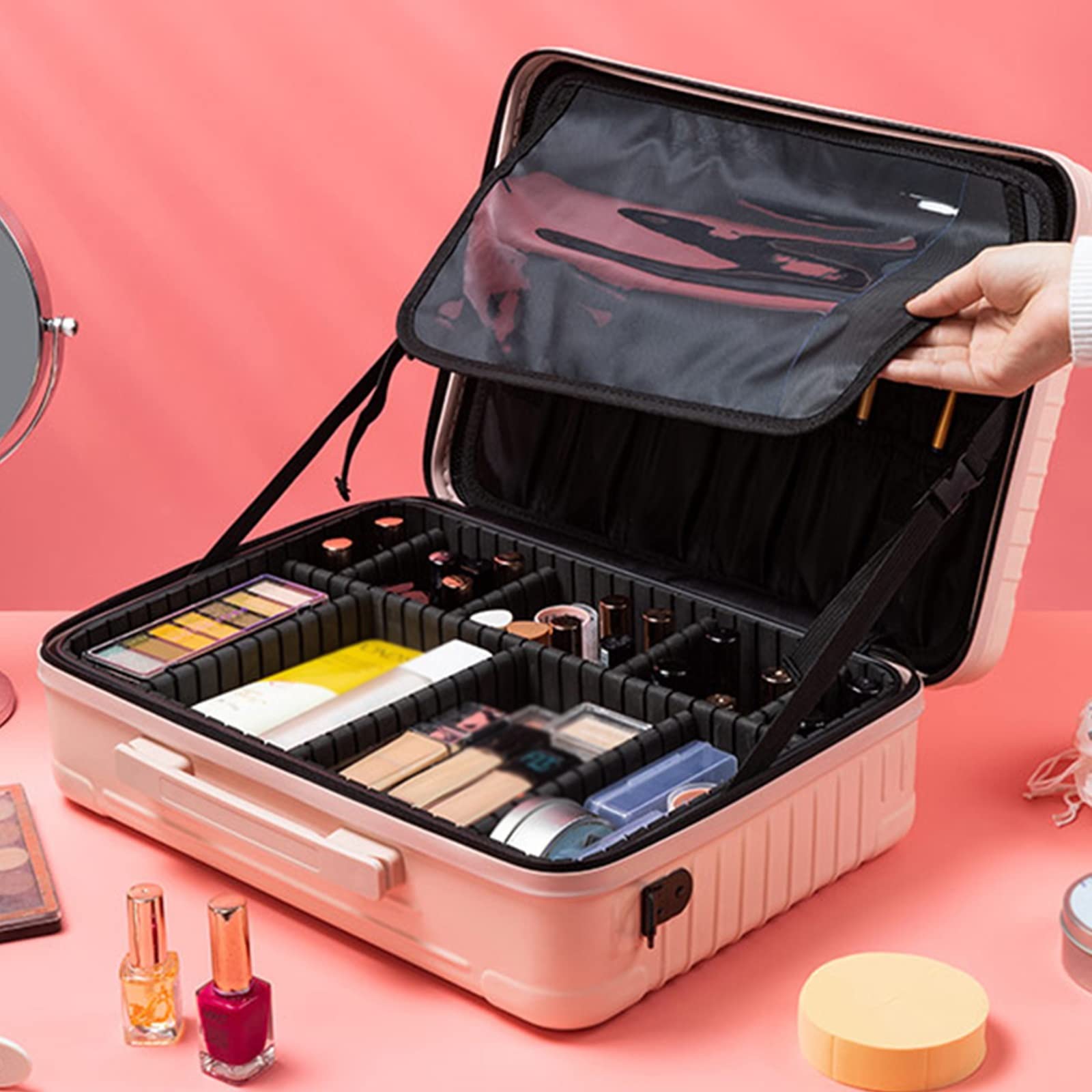 HJXGQJM Beauty Case da Viaggio Borsa Cosmetici,Borsa Trucco da Viaggio Donna Impermeabile Porta Trucchi Professionale Valigetta Organizzativa Borsa Cosmetico, Divisori Regolabili,Rosa(Pink)