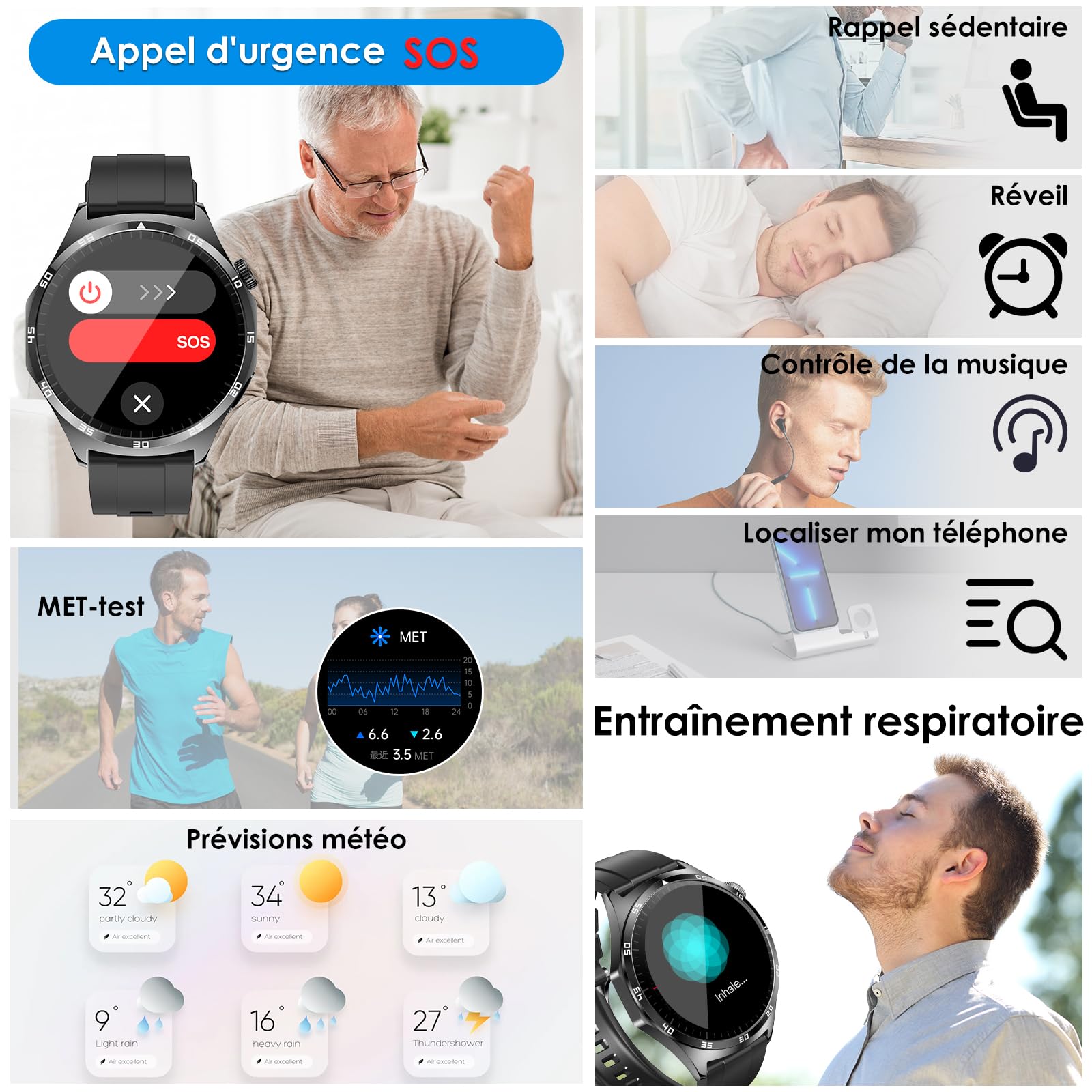 Montre Connectée Homme avec ECG/Sommeil/Tension Artérielle/Modes Sportifs | 1,43" Smartwatch Santé,Montre Sport,24H Fréquence Cardiaque/SPO2/Température Corporelle,Appel Bluetooth/SOS,Pour Android/iOS