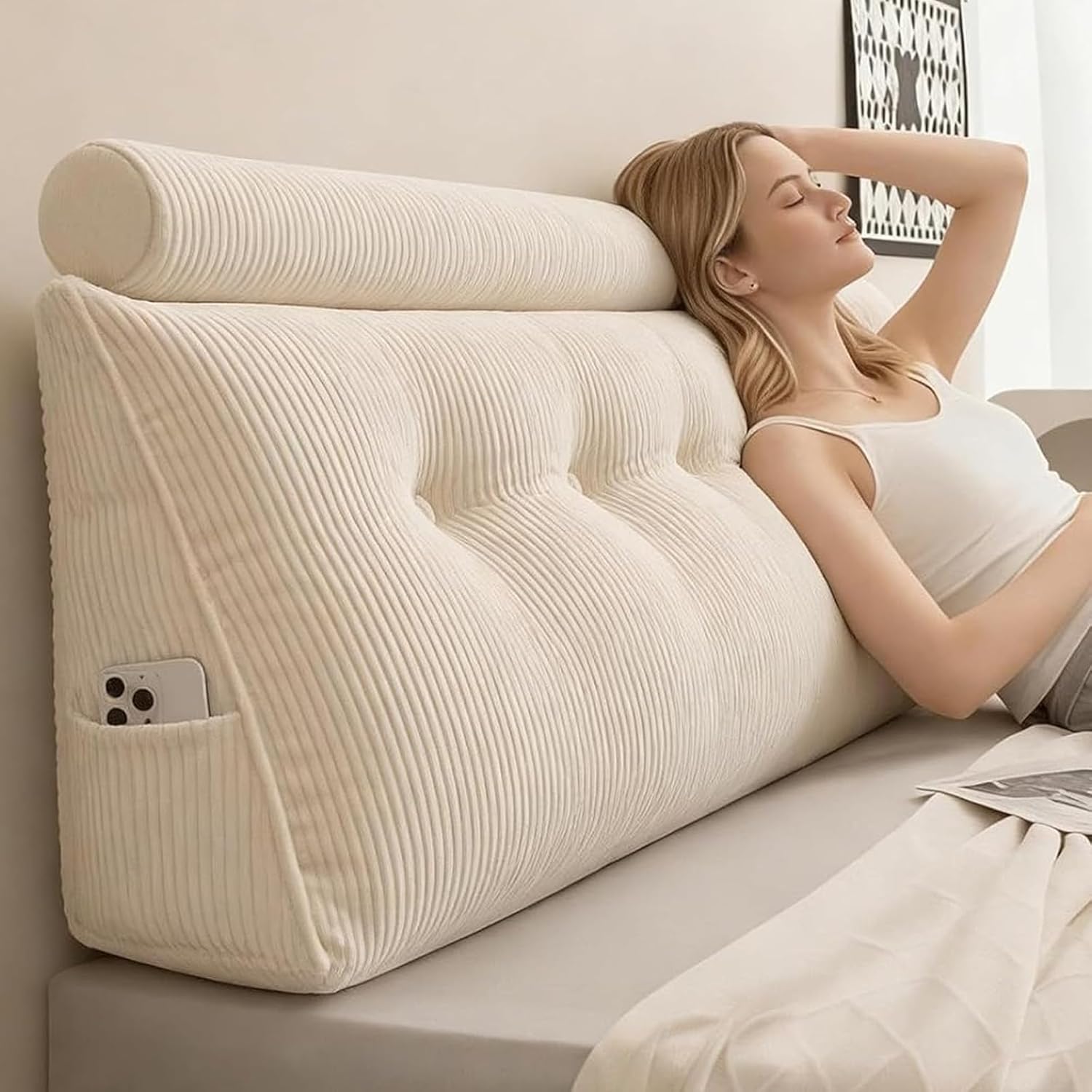 Headboard Pillow Queen, Large Triangular Wedge Cushion with Neck Roll Pillow for Reading Sitting Working, Backrest Positioning Support Bodypillow with Removable Washable Cover for Bed Dorm Sofa