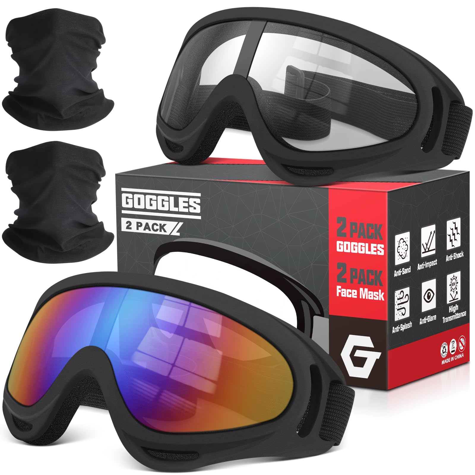 OXG Paquete de 2 gafas de motocicleta con 2 polainas para el cuello, protección UV400, gafas a prueba de polvo, motocross, ATV y esquí
