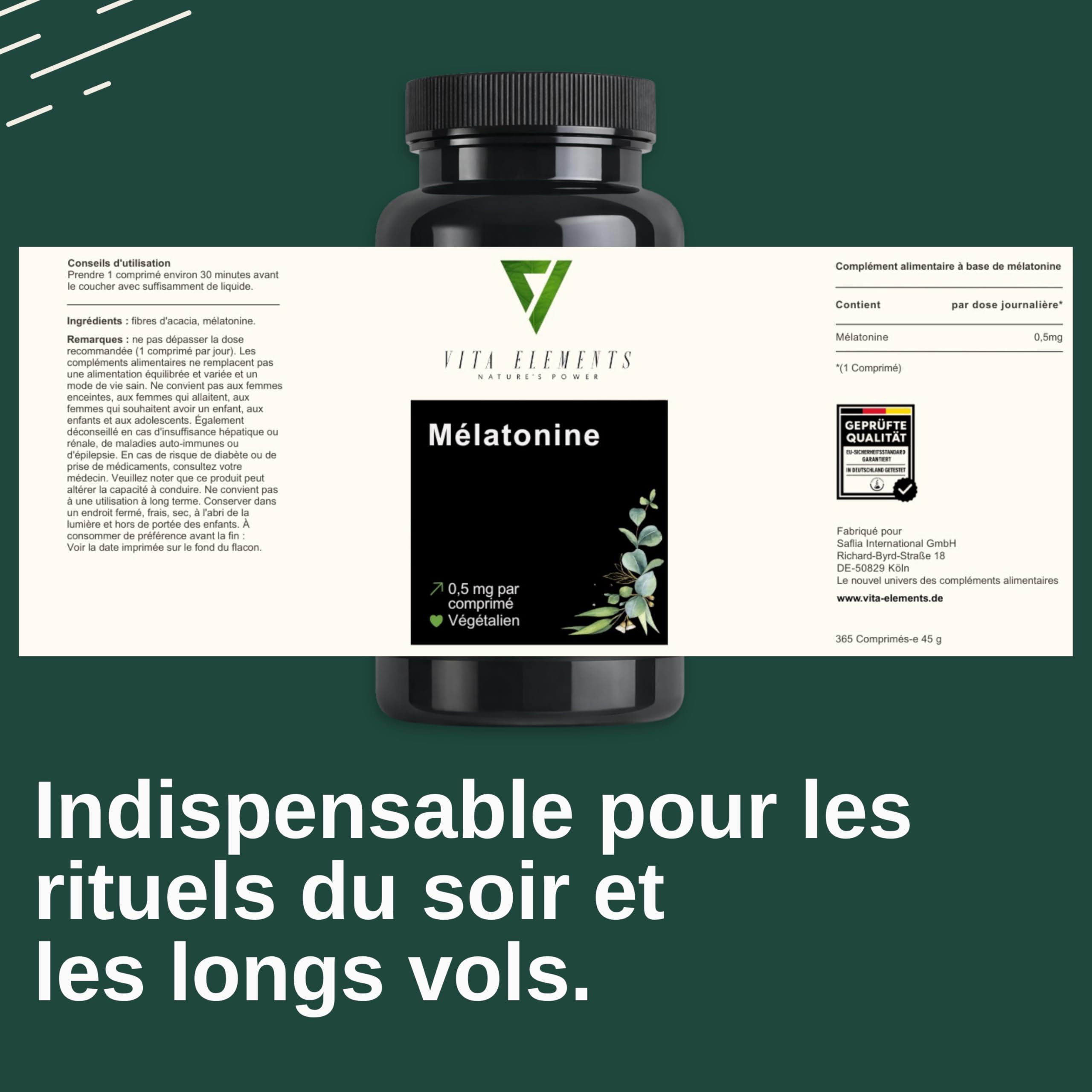 Vita Elements Mélatonine - 365 Comprimés - 0,5mg Mélatonine par Dose Journalière - Stock Annuel - Vegan - Sans Stéarate de Magnésium - Testé en Laboratoire - Mini Comprimés (3)