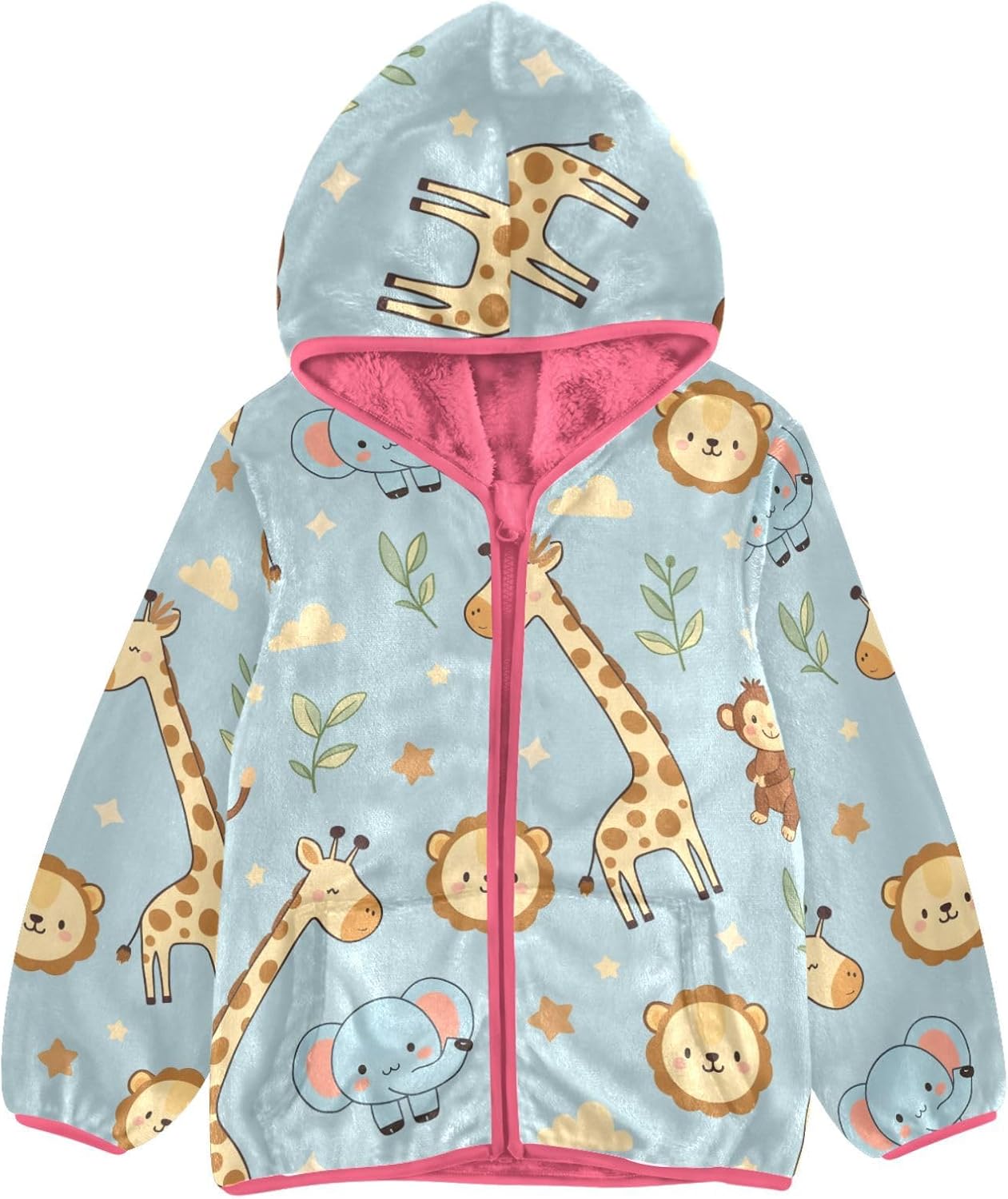 Girls Hoodie Outfit Monkey Elephant Giraffe Pattern Zipper Sweatshirt Coat Fleece Jacket for Kids 3-10T