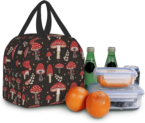 Miniatura 8 de Lonchera negra con estampado de hongos kawaii, pequeña bolsa de almuerzo con aislamiento Kawaii, bolsa de comida reutilizable, bolsas de almuerzo