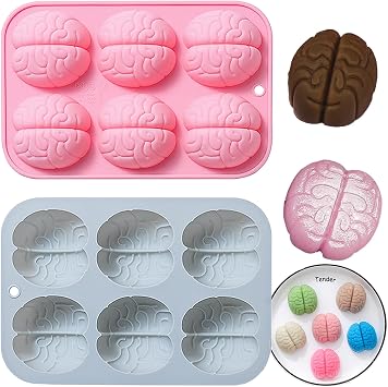 Halloween Brain Chocolate Candy Silicone Mold,6 Hole 3D Brain Shape Mold,DIY Cookies Candy Gummy Chocolate Mold Ice Cream Tray2 Pack