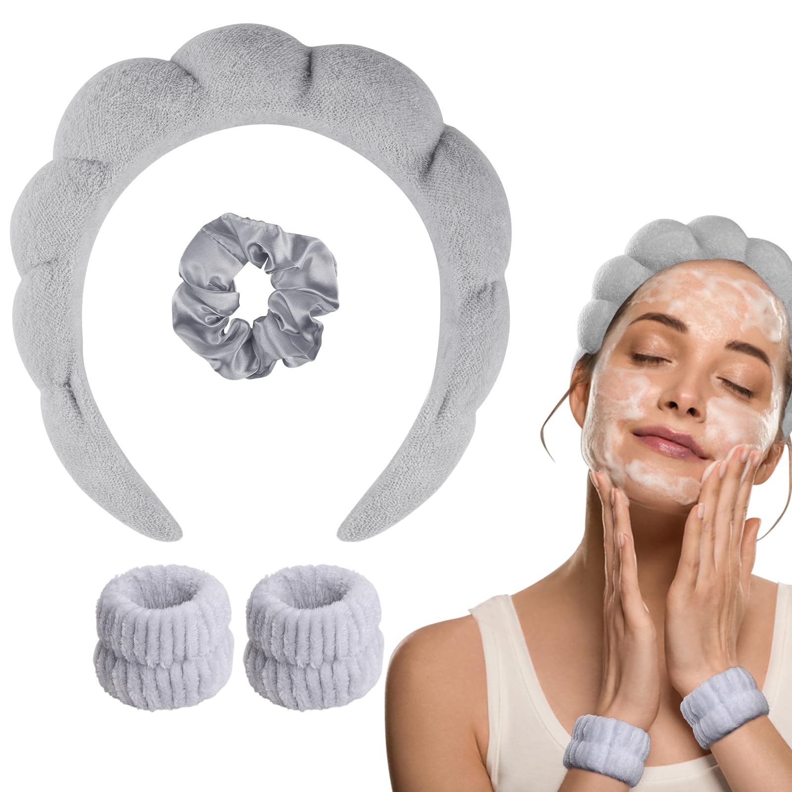 WD&CD Stirnband, Damen Spa Haarband Haarband, Make up Stirnband Handgelenk Waschband Set für Hautpflege, Gesichtsreinigung, Dusche-Grau