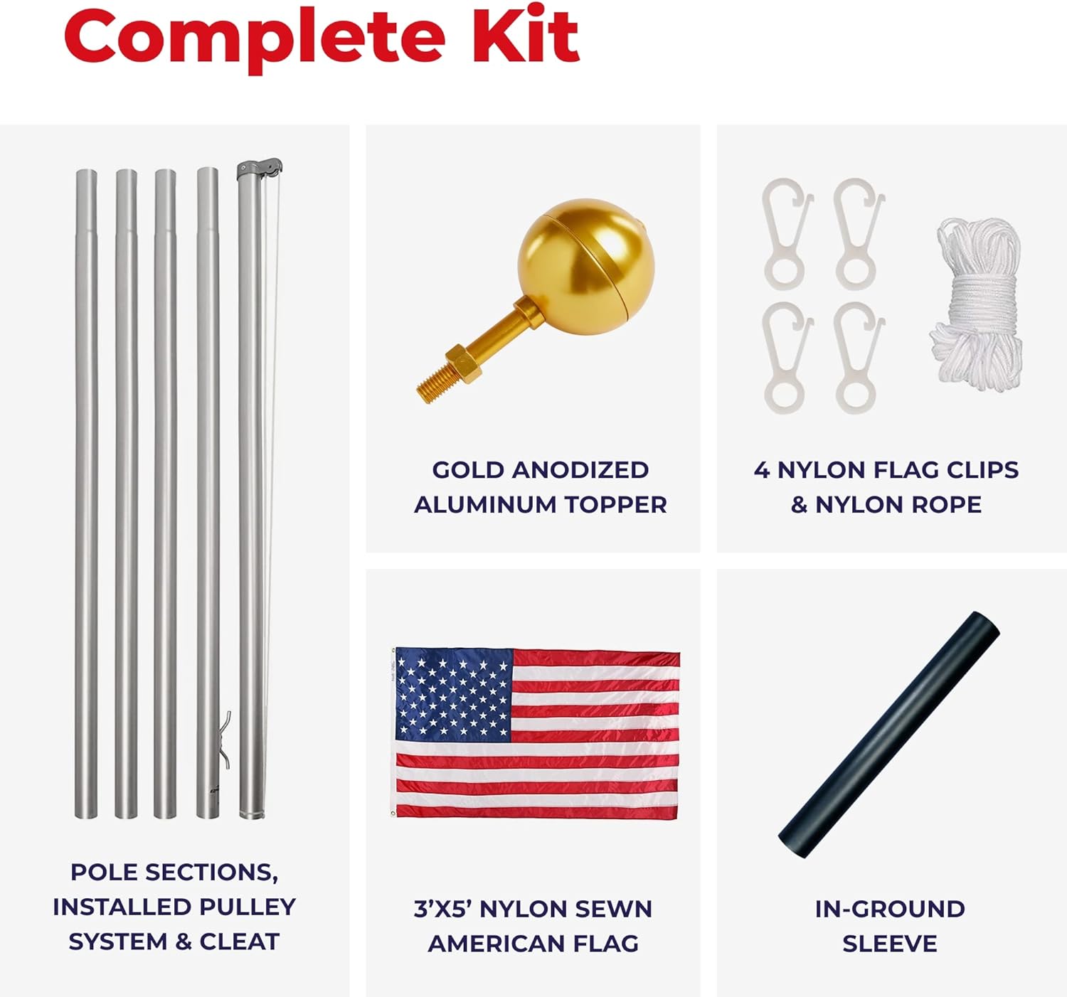 Ezpole Classic Inground Flag Pole Kit for Outdoors Heavy Duty-Winds to 130 Mph. Dual Flag Pole Holder for Outside House-Made in USA-Home Camper Beach-Includes Pole Flag Ground Sleeve Hardware (21 Ft)