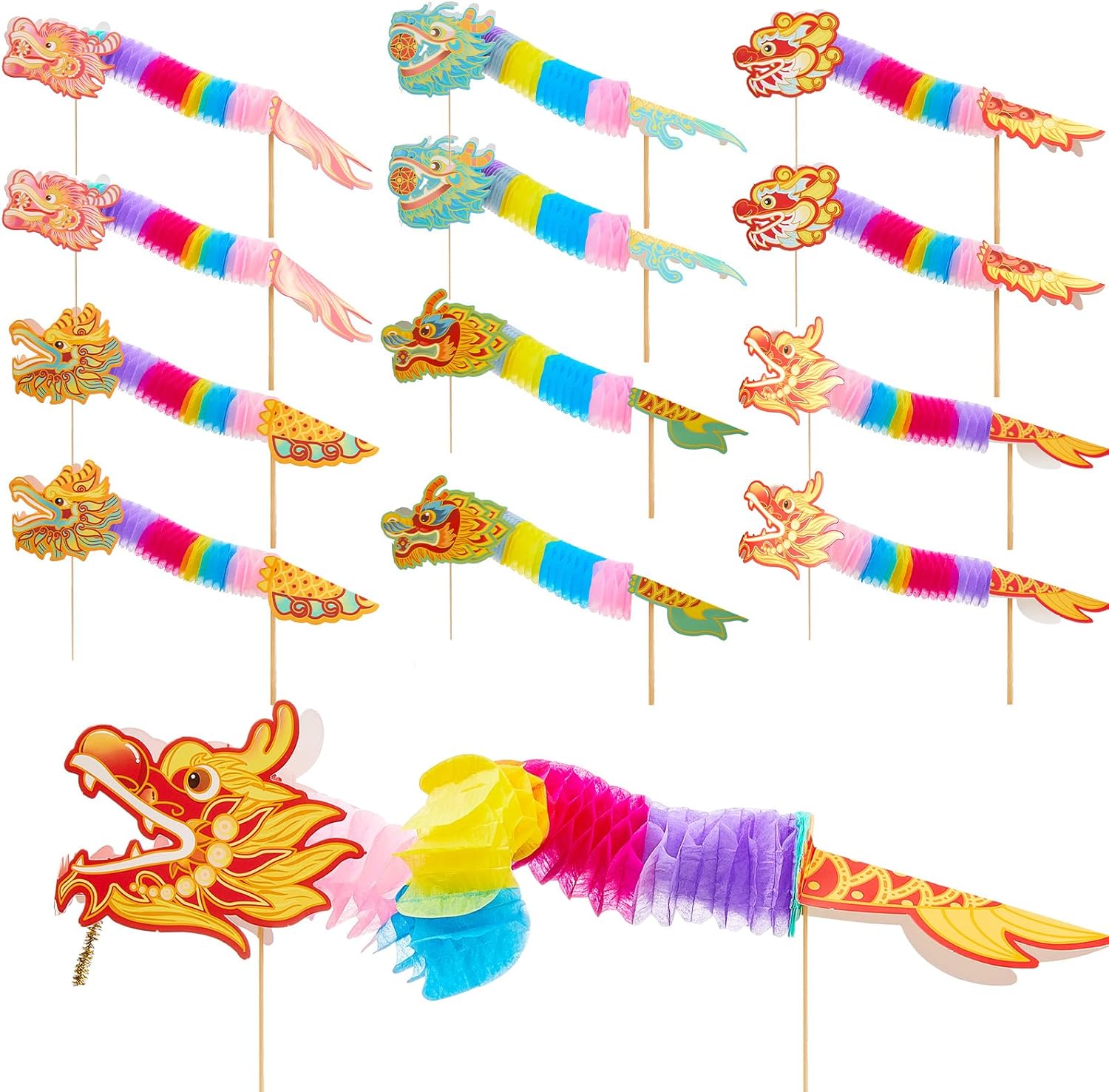 Chinese New Year Paper Dragon Decorations 3D DIY Lunar New Years Crafts for Paper Dragon Puppet Pick Garland Handheld for Spring Festival Party Supplies, 6 Styles(72 Pack)