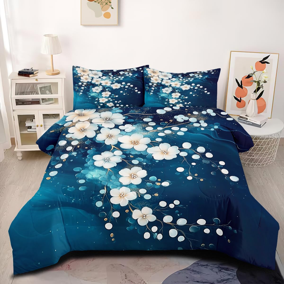 Teal Comforter Set Twin Size Romantic Floral Butterfly Bedding Set White Aesthetic Elegant Flower Cooling Coquette Comforter 2 Piece with 1 Pillowcase for Bedroom Decor