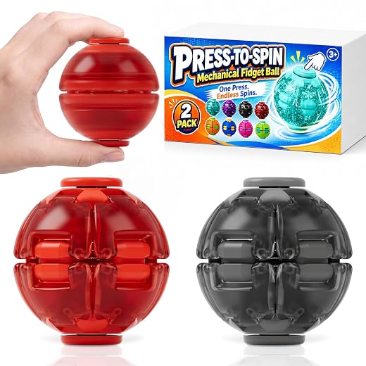Press to Spin Mechanical Fidget Toys for Adults & Teens,2PCS Stress Relief Sensory Fidget Ball for Autism ADHD Anxiety,Fun Textures Gadgets,Office Desk Toy,Stocking Stuffer for Women Men Gifts