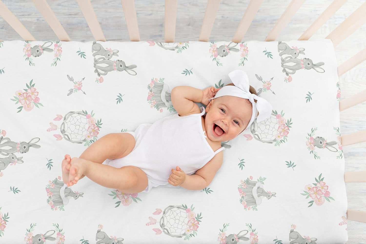 Sweet Jojo Designs Fitted Baby Crib Sheets (Woodland Boho Floral) for Girls, Infant Nursery, Toddler Room - Standard Size (Shabby Chic, Bunny, Dream Catcher, Arrow, Watercolor Rose, Flower, Pink/Grey)