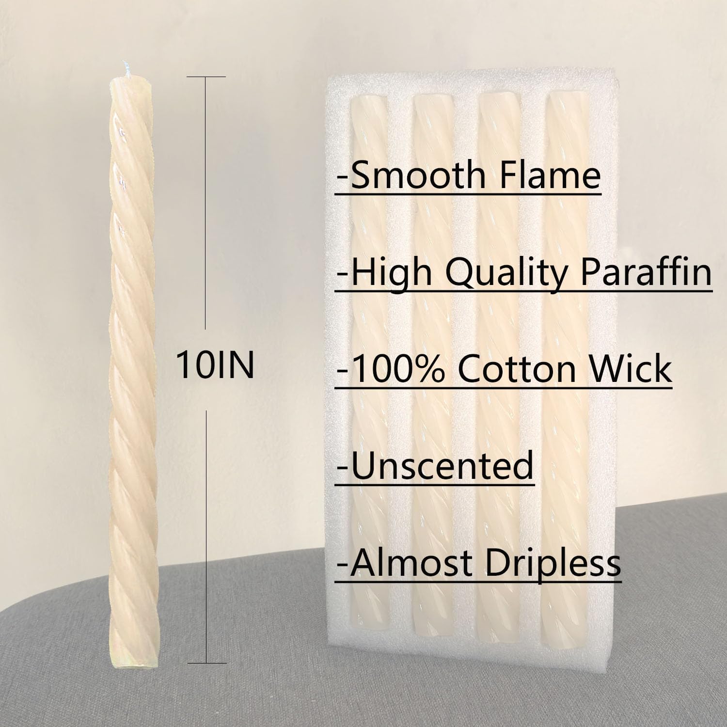 PAMELIFE Taper Candle White Ivory Spiral Candlestick Tall Tapered Candles Twisted Candlesticks for Table Decor Housewarming Gift Idea-10inch,4pcs dripless tapercandles