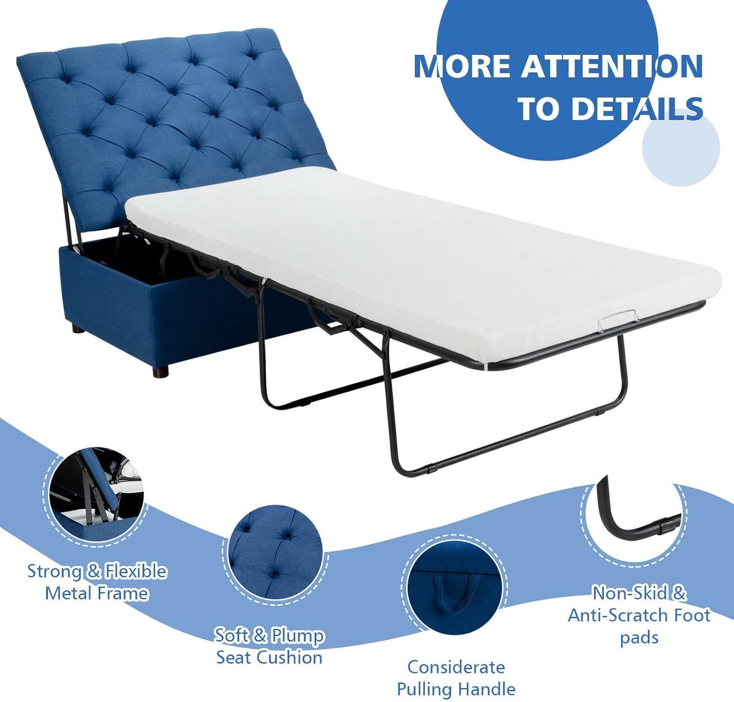 Folding Ottoman Sleeper Bed with Mattress Convertible Guest Bed Blue/Gray(E)
