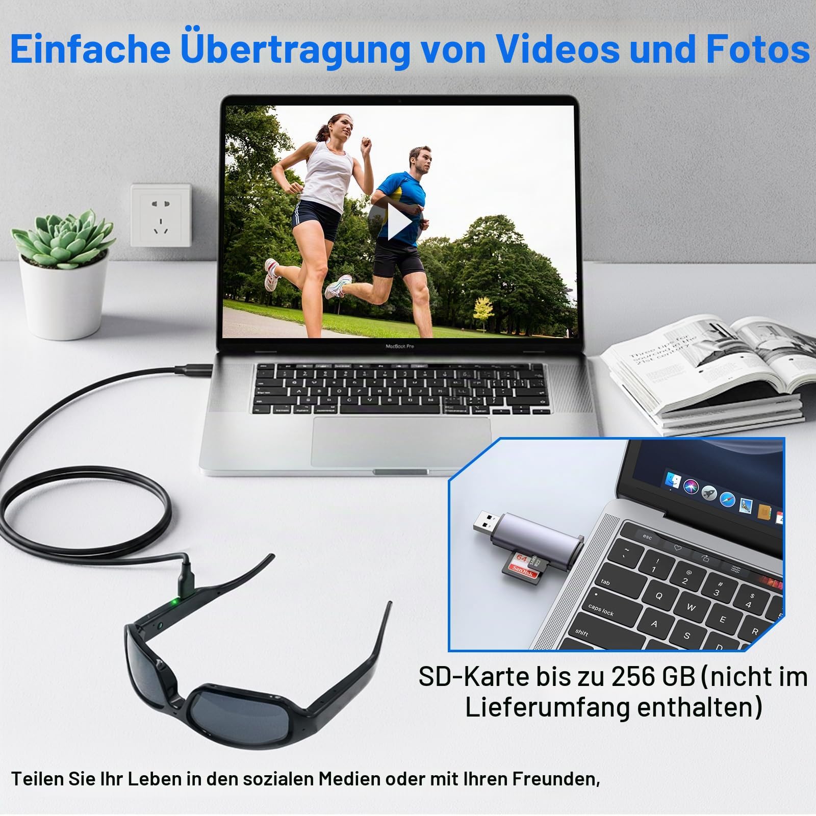 Brille mit Kamera1080P, Mini Action-Cam 16GB Sonnenbrille Polarisiert | 75 Min Aufnahme, Loop-Aufnahme, 256GB MicroSD, IPX5. Ein-Knopf-Bedienung, Für Radfahren Angeln Motorrad