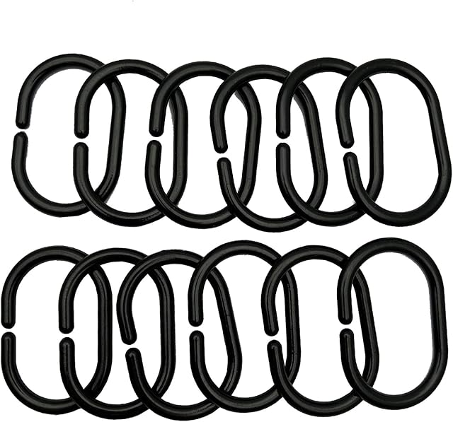 Shower Curtain Hooks, 12PCS Shower Curtain Rings C Shaped Plastic Curtain Hanging Rings Hook Hanger for Shower Window Rod Bathroom Dressing Room Outdoor, Black