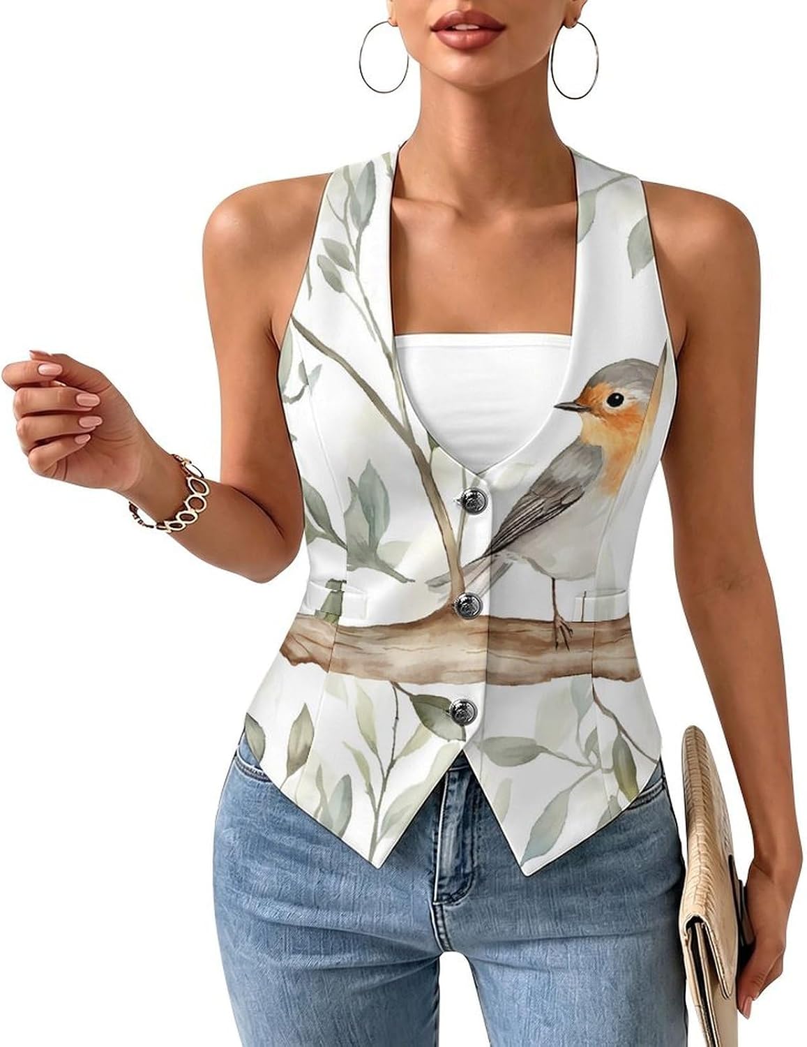 Robin Bird On Woods Women's Tuxedo Waistcoat Suit Vest | 3 Button V-Neck Slim Fit Casual Sleeveless Top