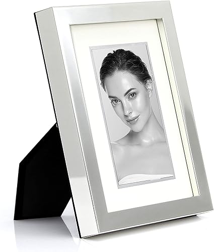 Miniatura 10 de CKK - Marco de fotos de metal de 6 x 8 pulgadas, chapado en plata con paspartú de papel con borde plateado para mostrar fotos de 4 x 4 pulgadas