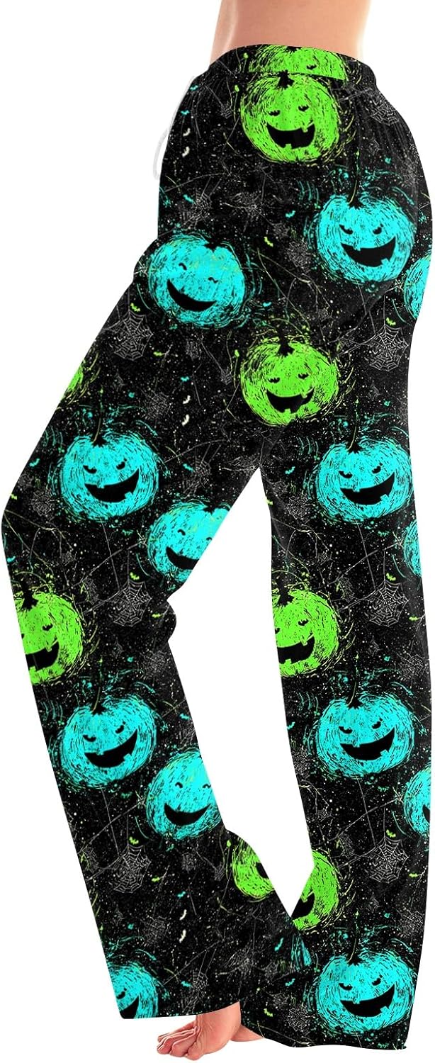 Women Halloween Pajama Skeleton Pumpkin Print Lounge Elastic Waist Drawstring Pants Loose Wide Leg Sleep Bottoms