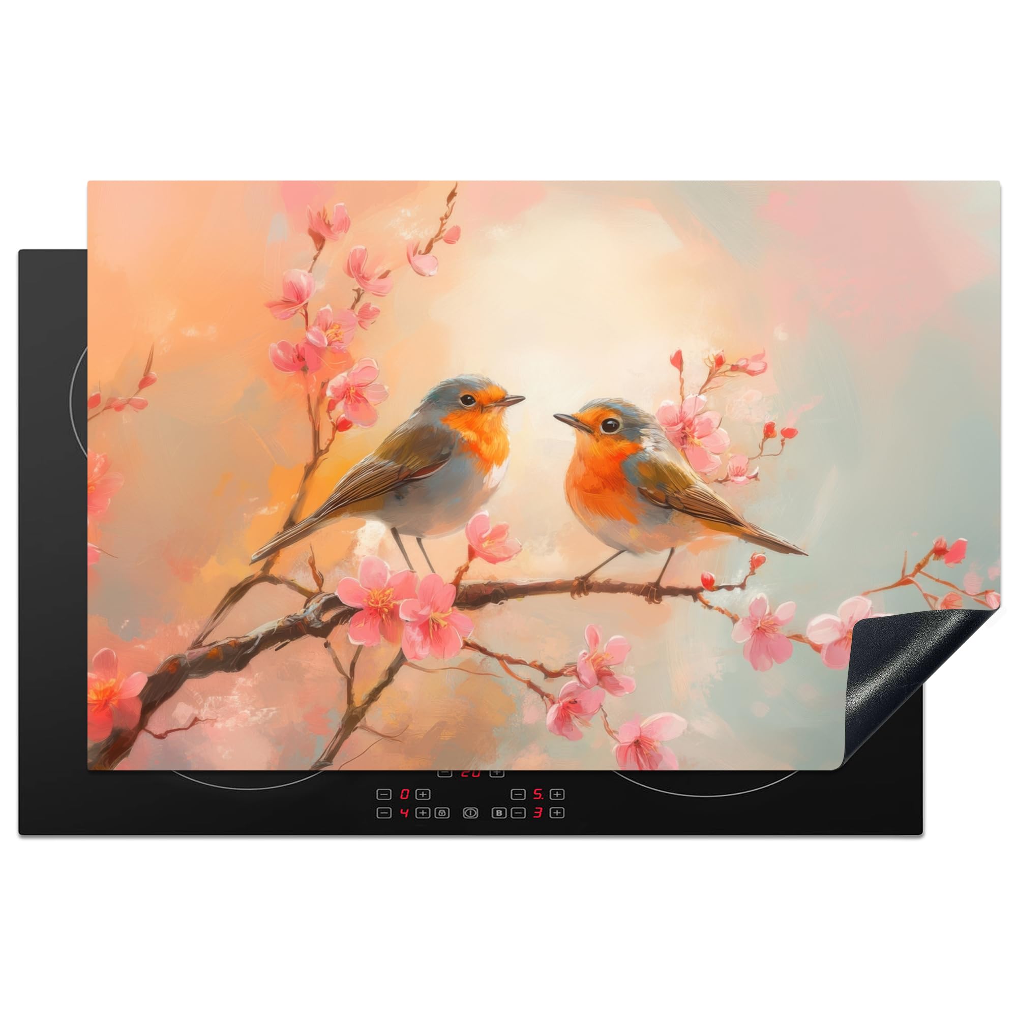 KitchenYeah© Induction Hob Protector Mat 20.5"x31.5" / 80.2x52.2 cm Cooker Top Protectors Cover Ceramic Covers Electric Hobs Vinyl Robins - Graceful - Blossom Branch