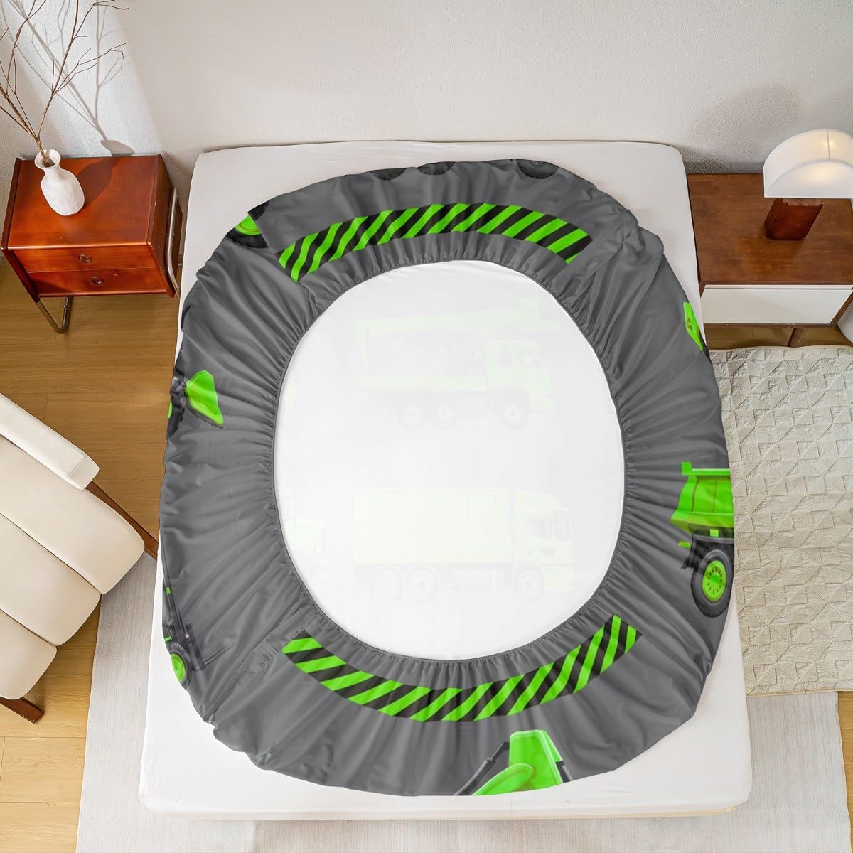 Feelyou Construction Bed Sheet Set Green Black Cartoon Excavator Bedding Sheets for Kids Boys Tractor Bedding Fitted Sheet Vehicles Truck Car Bed Cover 1 Bed Sheet Set with 2 Pillowcases Full Size