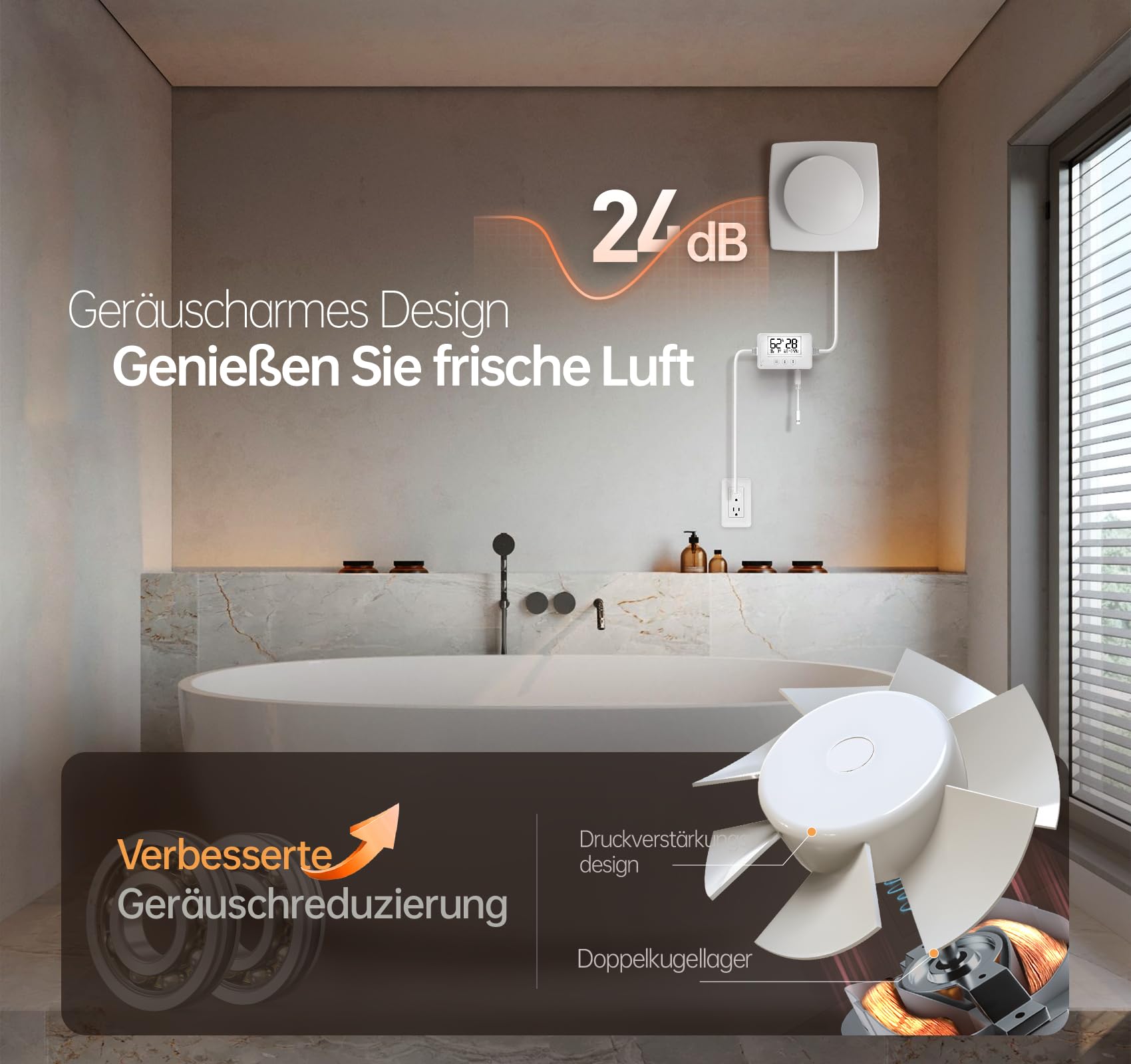 Badkamerventilator met automatische jaloezie, ventilator met lamellen, witte ventilator voor efficiënte ventilatie in badkamer, keuken, toilet, wand- en plafondventilator
