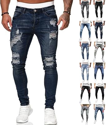 eoeioa Slim Fit Ripped Jeans Men Gothic Zipper Button Elastic Waist Skinny Jeans Casual Stretch Denim Pants with Pockets