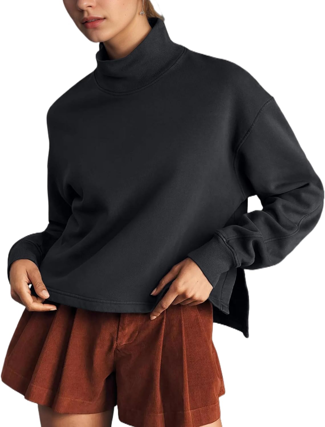 Ythomm Womens Mock Turtleneck Sweatshirt Long Sleeve Side Slit Pullover Tops Casual High Low Hem Drop Shoulder Sweatshirts