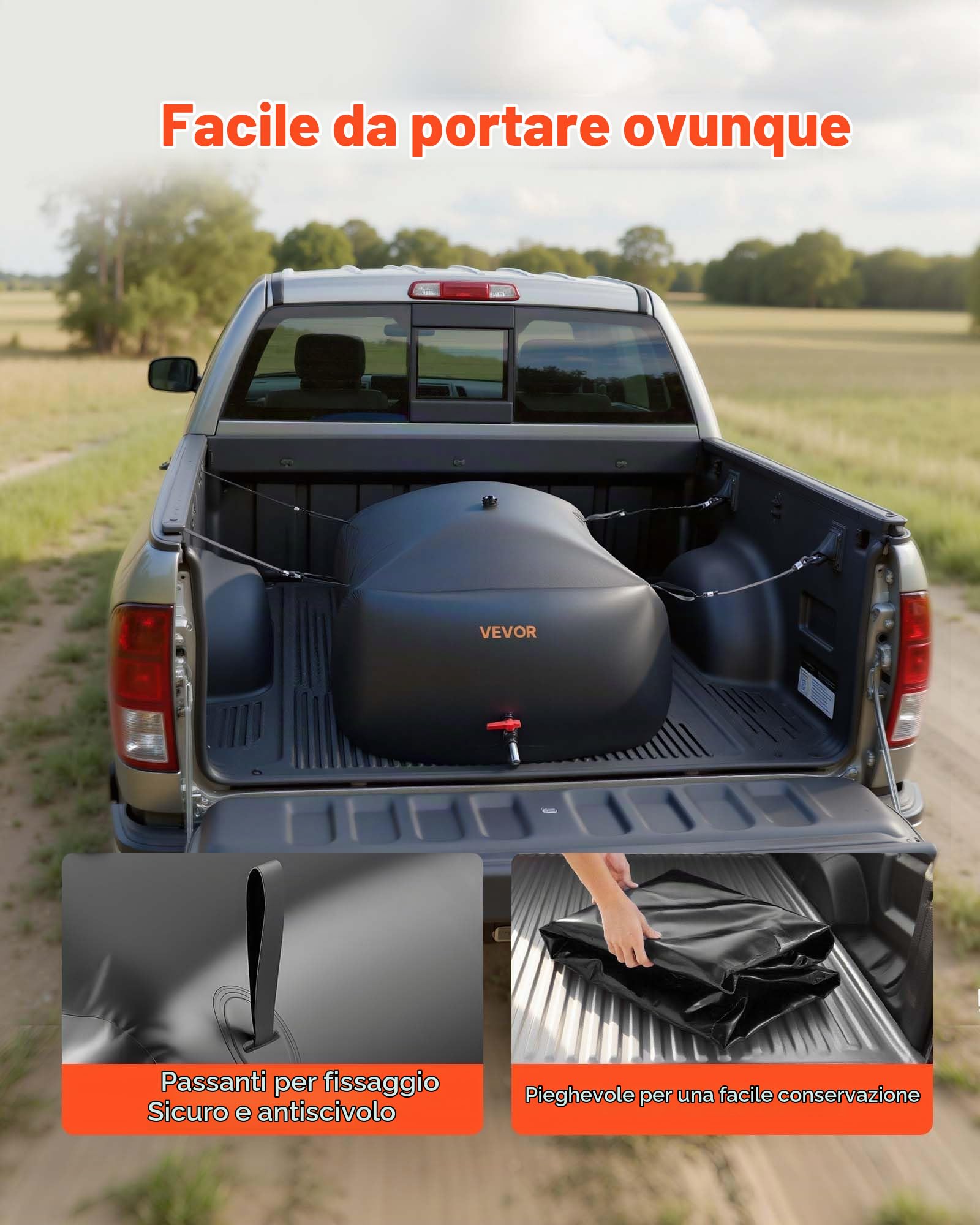 VEVOR Contenitori di Stoccaggio per Acqua, 330 L Portatile e Pieghevole, Sacca per Acqua Dolce in PVC 1000D Resistente all'Usura, per Irrigazione da Giardino, Camper, Uso di Emergenza, Nero