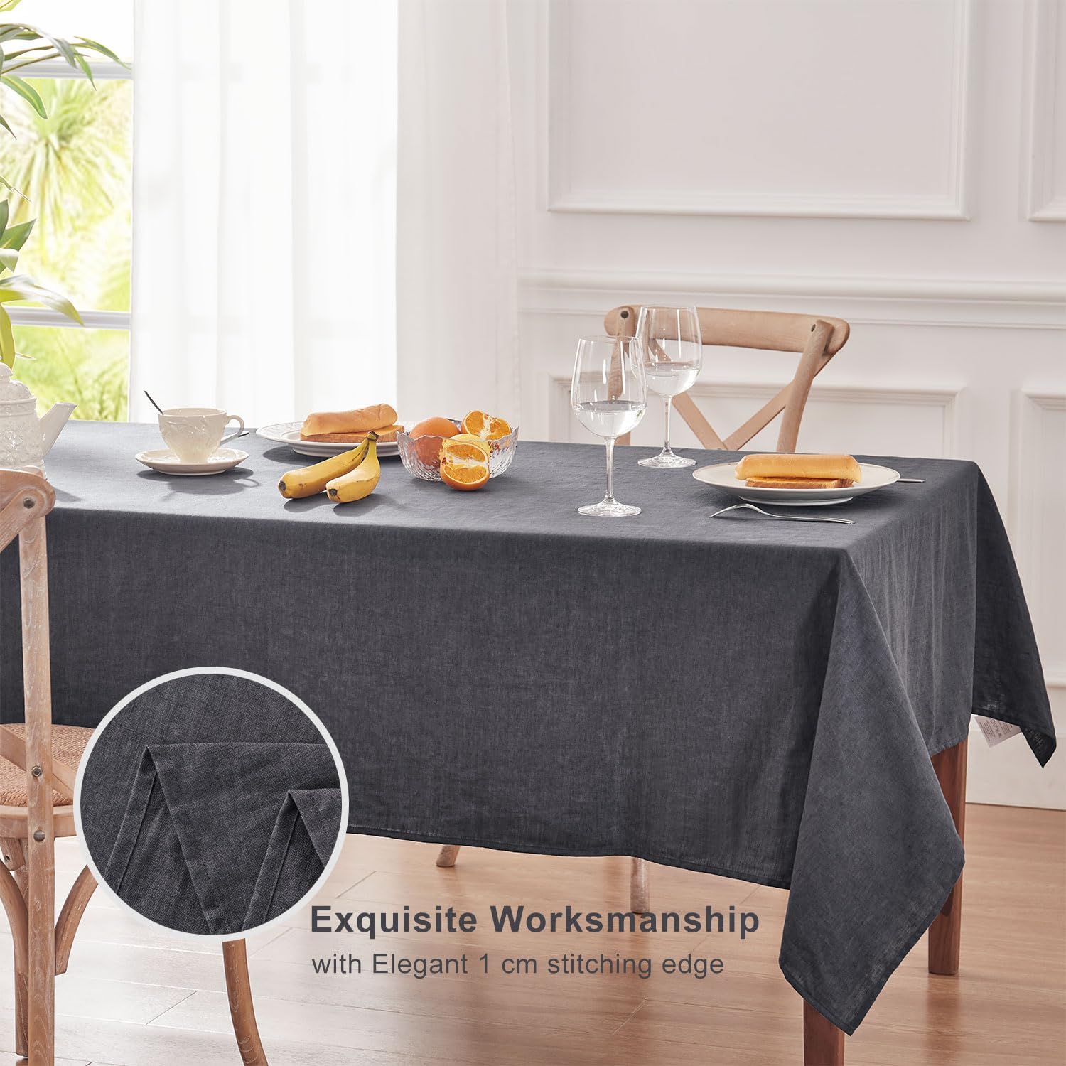 TOSMO 100% French Linen Tablecloth, Washable Farmhouse Rectangle Table Cloth for Kitchen, Dining, Party, Cocktail, Indoor and Outdoor Daily Use(60''x84'',Charcoal Grey)