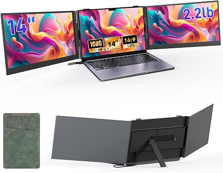 Laptop Screen Extender, 14" Ultra Thin Lightweight2.2lb FHD 1080P Triple Portable Monitor for Laptops 13-17.3", Plug-Play Aluminum Dual Monitor Extended for Mac/Windows, Business/Travel/Home/Office