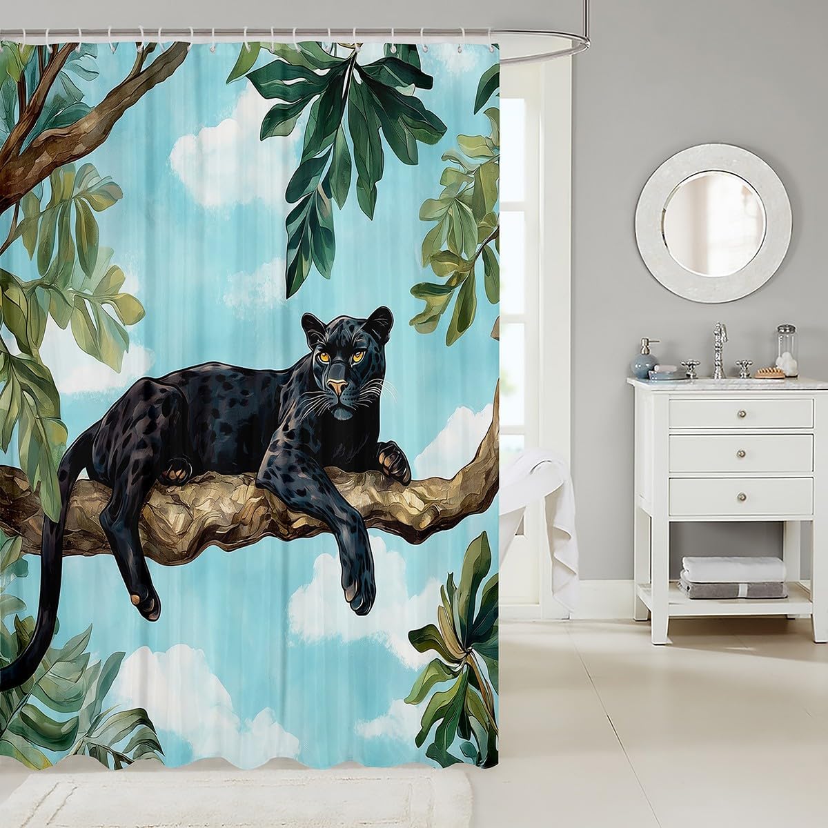 Black Panther Shower Curtain African Wildlife Cartoon Animal Decor Bathroom Curtain for Kids Teens Adults Palm Leaves Green Tropical Plants Jungle Bath Curtain for Bathtub with 12 Hooks 72" W x 72" L image 2