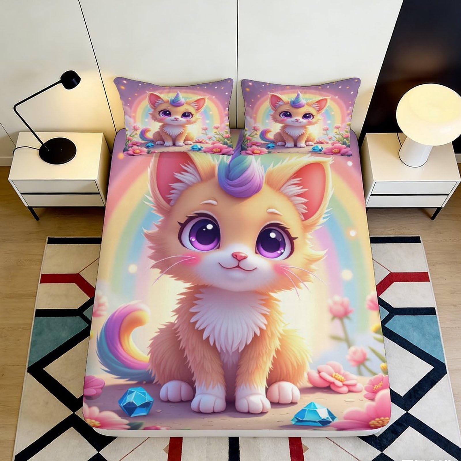 Zfldkwgb Style-2 3D Printed Cute Cat Unicorn Fitted Sheet Microfiber Soft Pastel Rainbow Mattress Cover For Bedroom Guest Room Decor 90X200x25cm