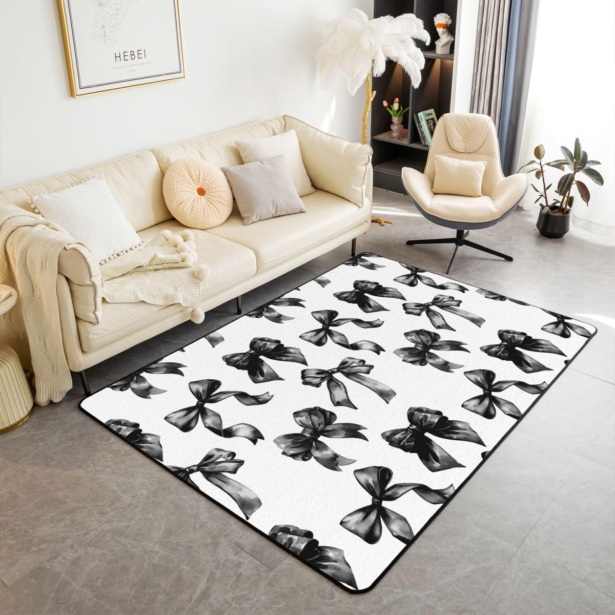 Homewish Dywaniki z kokardą 100 x 150 cm do sypialni salonu - czarno-biała kokardka nowoczesny dywan podłogowy nowoczesny prosty moda estetyczne duże dywany, czarna akwarela węzeł motylkowy nie gubi
