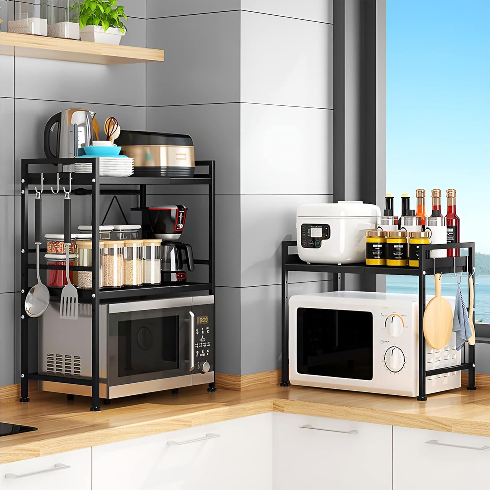 OUUTMEE Estantería expandible para microondas, estantería para microondas ajustable en altura de acero al carbono, organizador de mesa de cocina plegable para tostadora (negro de 3 niveles)