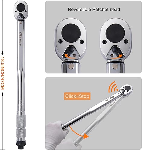 Miniatura 3 de MESGS Llave dinamométrica de clic de 12 pulgada, llave dinamométrica de alta precisión de doble dirección 10  150 pies-libra, 13.6  203.5 Nm,