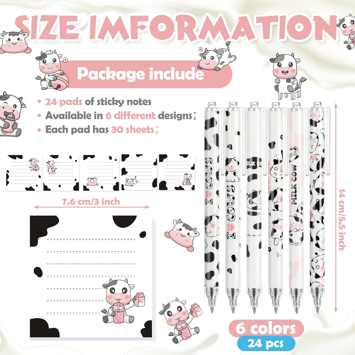 Gilprop 48 Pcs Cow Print Stuff Cow Lover Gift Includes 24 Pcs Cute Pens Bulk and 24 Pads 720 Sheets Sticky Notes 6 Styles Kawaii Gifts for Office Supplies