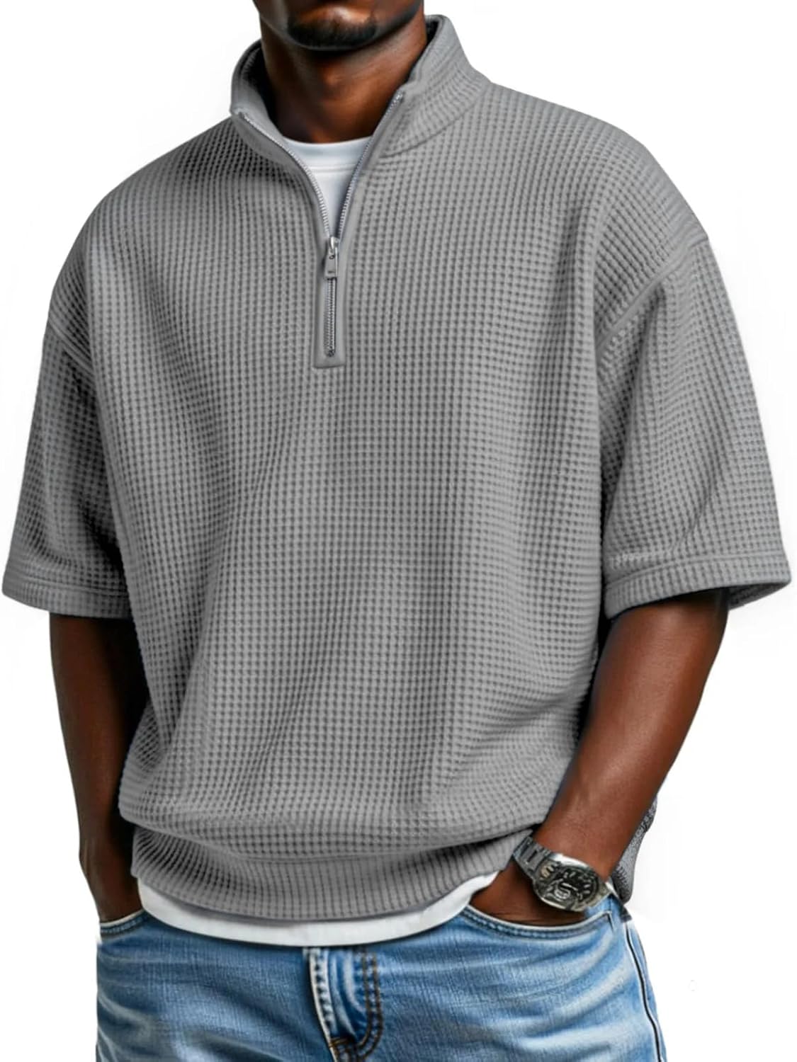 Short Sleeve Waffle Shirts for Men Quarter Zip Pullover Casual Stand Collar Polo Shirt Textured Knit Tops, S-4XL