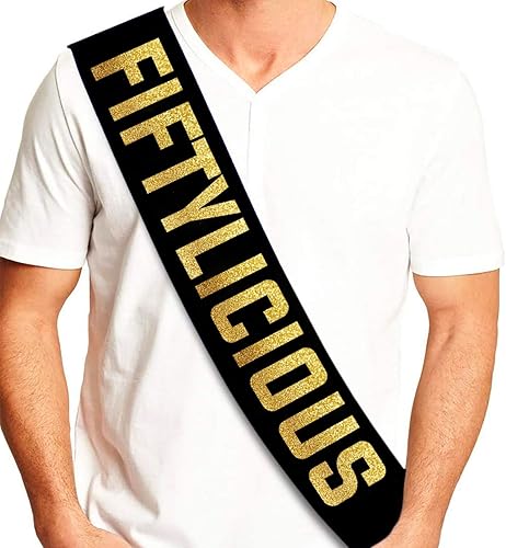 Miniatura 3 de Fiftylicious - Banda de satén con purpurina negra y dorada, suministros para fiesta de cumpleaños número 50, ideas y decoraciones