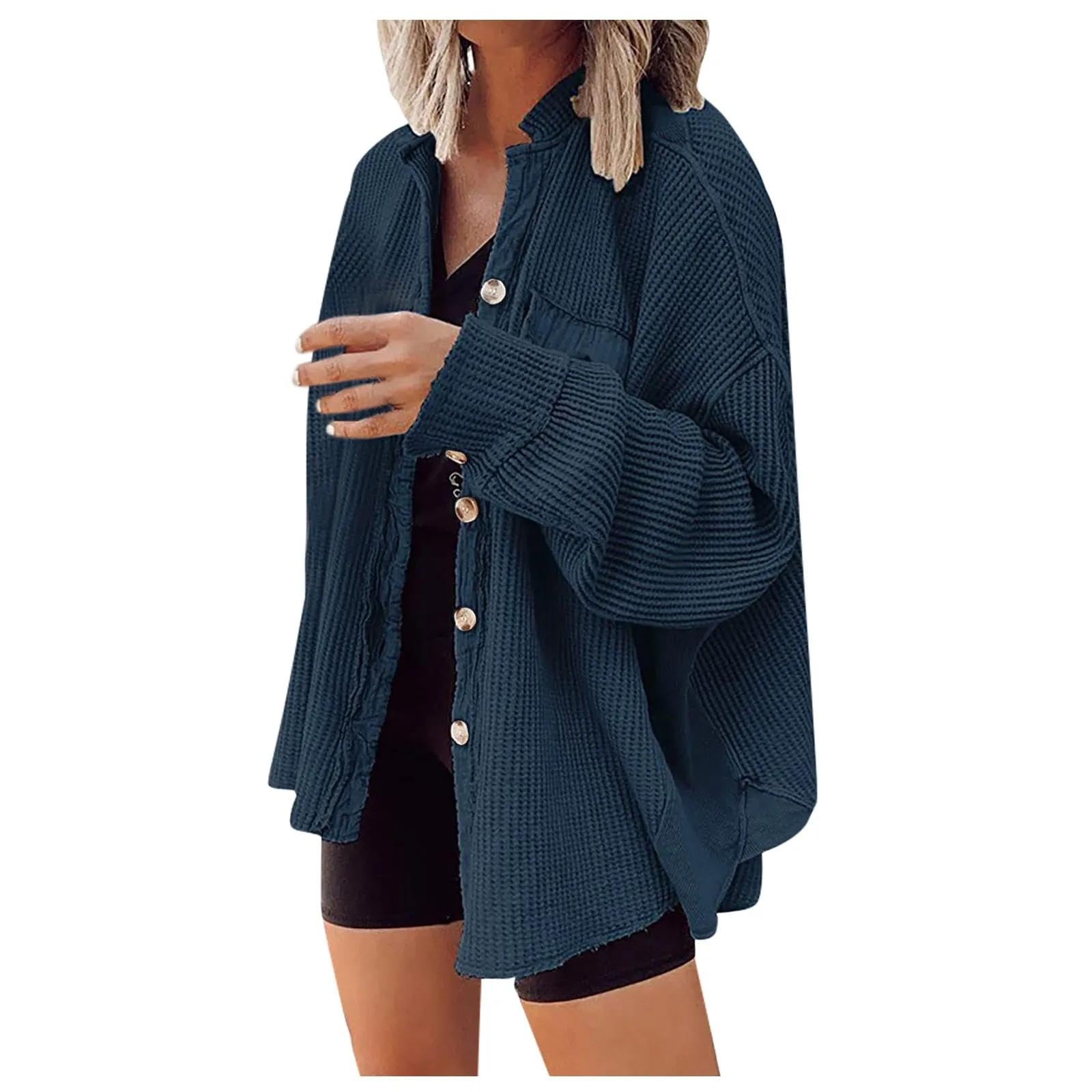 Pullover Cardigan Sweater Damen Jacke Lose Fledermaus Ärmel Waffel-Patchwork Unregelmäßig Gefälschte Taschen-Knopf Jacke