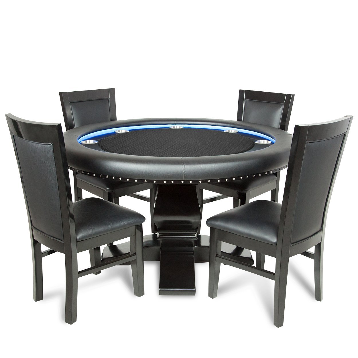 BBO Poker Ginza LED Poker Table for 8 Players with Suited Speed Playing Surface, 55-Inch Round, includes 4 Dining Chairs (Black)