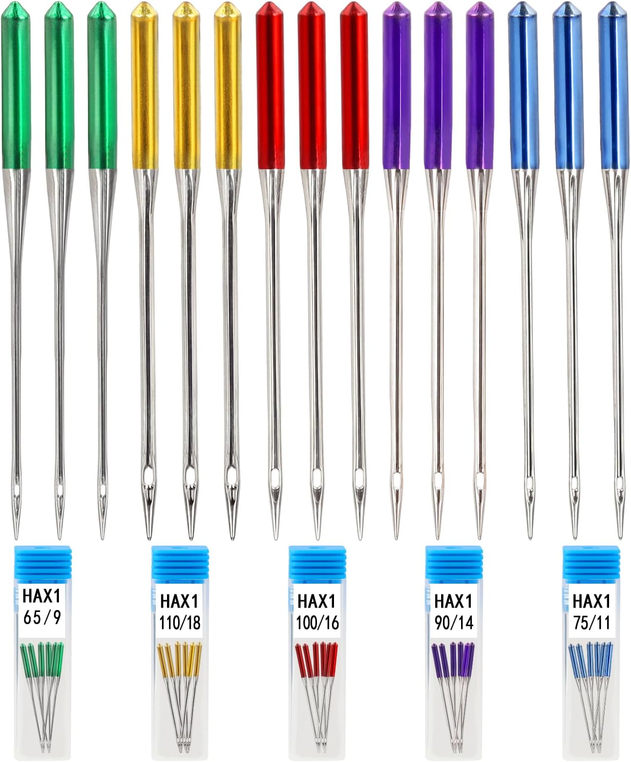 30 Pcs Universal Sewing Machine Needles, Suitable for Singer, Brother, Janome Sewing Machines, Sizes 9, 11, 14, 16, 18, Bright Color, Regular Point Sewing Needles