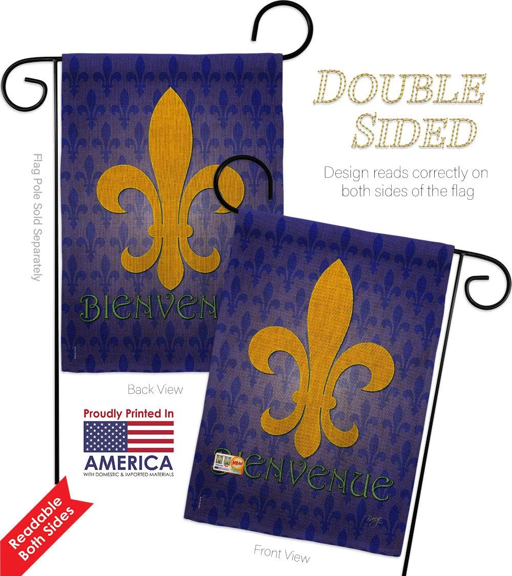 Bienvenue Burlap Garden Flag Set Wall Hanger Country Living Fleur De Lys Vintage Flower Lily Lis French Party Mardi Small Decorative Gift Yard House Banner Double-Sided Made In USA 13 X 18.5