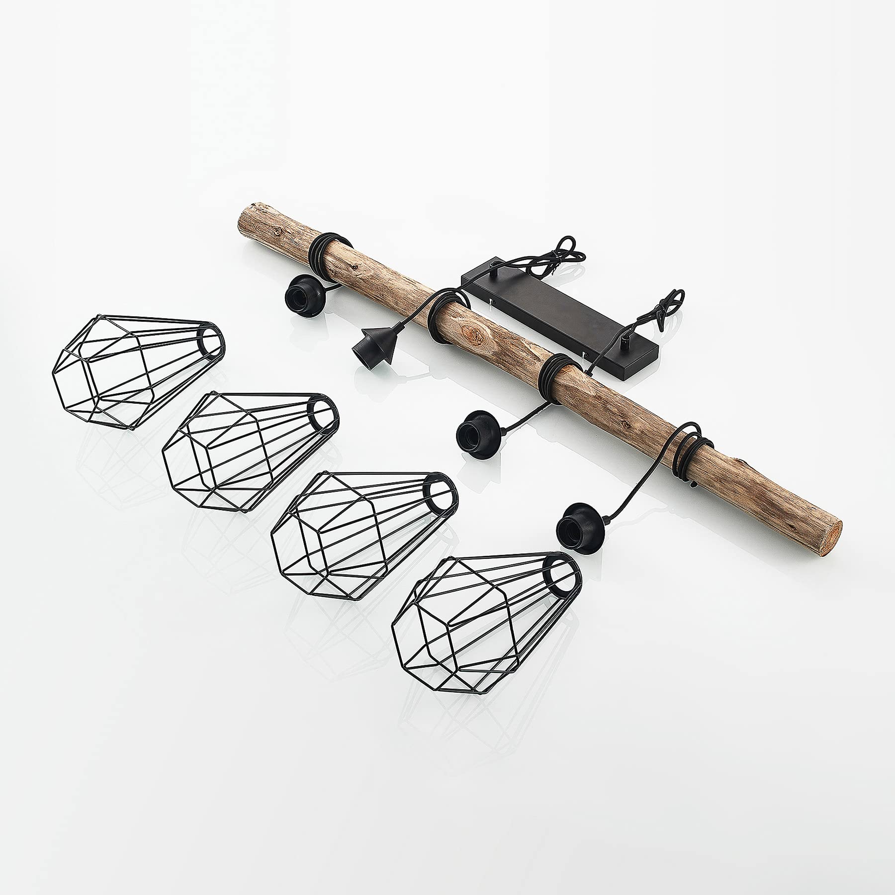 Lindby Esstisch Pendelleuchte Holz, Eisen Balkenpendelleuchte Holzast und Käfig Lampenschirm Holzlampe Lampe Wohnzimmer 4x E27 max. 60W ohne Leuchtmittel