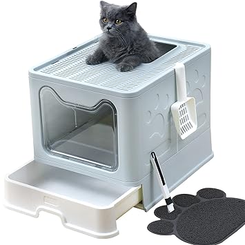 UIMNJHUKE Top Entry Cat Litter Box with Lid??�Large Foldable Litter Box with Cat Litter Box Mat , Litter Scoop , Cleaning Brush