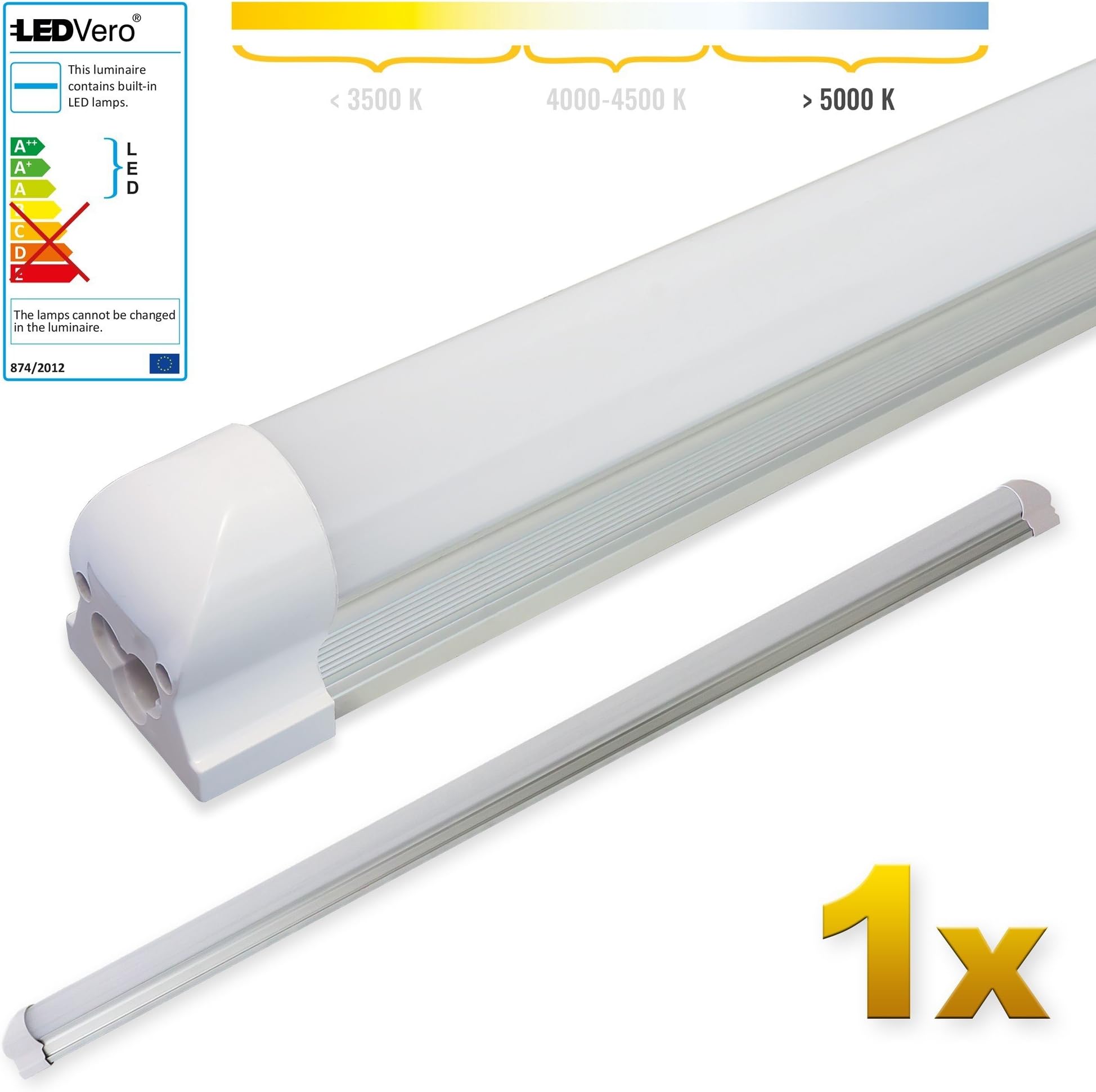 LEDVero 1x SMD LED Tube with Fixture Fluorescent Tube in Cold White T8 G13 Frosted Cover - (47.24) 120 cm, 18W, 1800 lm - Ready for Assembly [Energy Class A]
