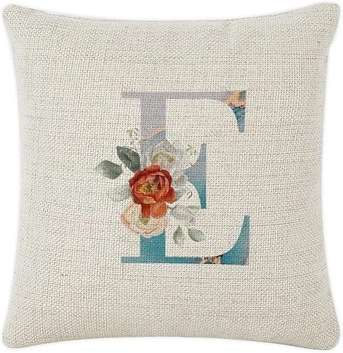 Throw Cushion Cover Case Watercolor Floral Marble Monogram Letter Alphabet Initial E Decorative Pillow Cover Cotton Linen Square Lumbar Pillow Case